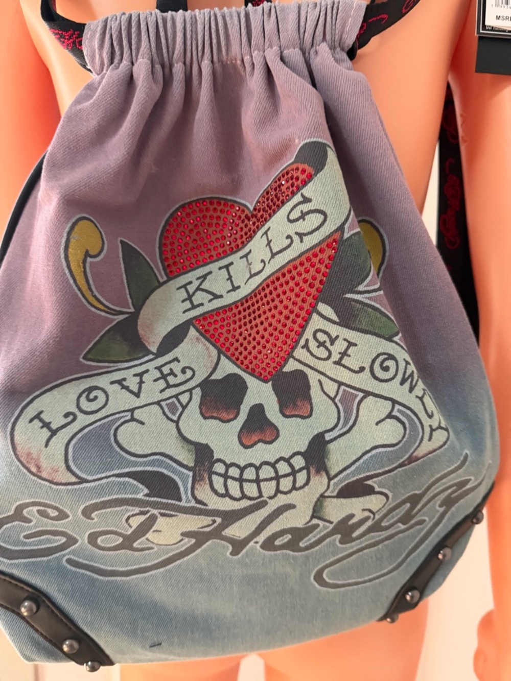Ed Hardy Skull Heart Rhinestone Drawstring Backpack NWT - Picture 2 of 8